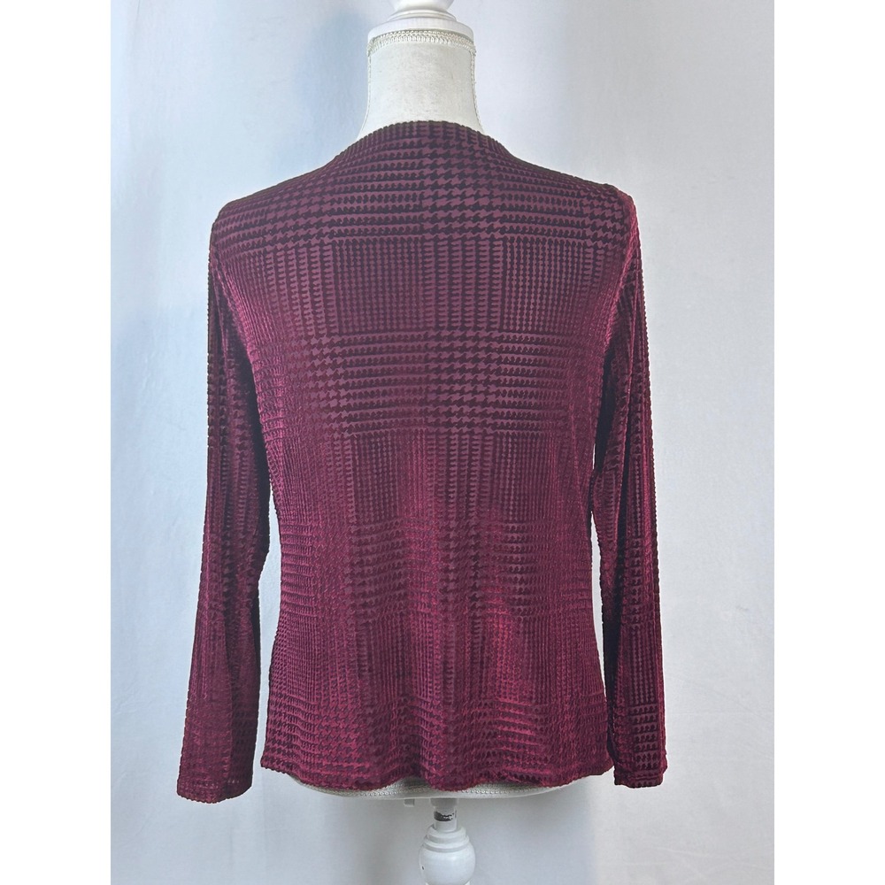 Talbots Burnout Velvet Top Womens Large Burgundy Excellent Cowl Neck Houndstooth - Picture 8 of 10